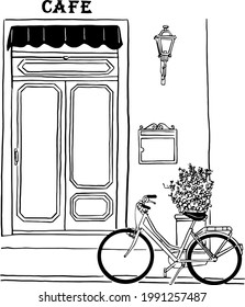 Cafe restaurant Front shop with Bicycle Old town street Hand drawn line art  illustration