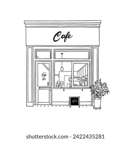 Cafe restaurant Front shop sketch Hand drawn line art Illustration 