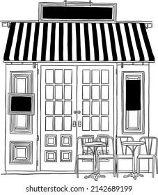 Cafetería Restaurante Front shop con mesa y asiento calle del casco antiguo Dibujo de la línea de mano ilustración