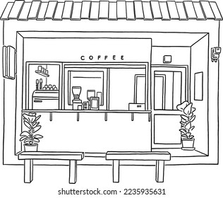 Cafe restaurant Front shop with table and seat minimal style Hand drawn line art illustration