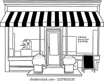 Cafe restaurant Front shop with table and seat Hand drawn line art illustration