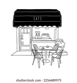 Cafe restaurant Front shop with table and seat Hand drawn line art illustration