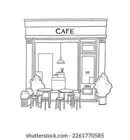 Cafe restaurant Front shop with table and seat Hand drawn line art illustration