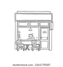 Cafe restaurant Front shop with table and seat Hand drawn line art illustration