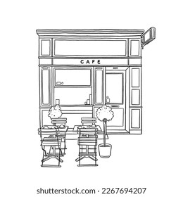 Cafe restaurant Front shop with table and seat Hand drawn line art illustration 