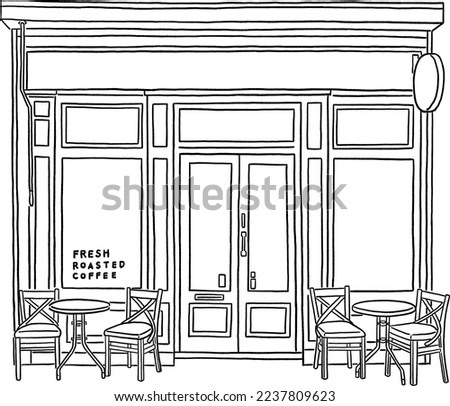 Cafe restaurant Front shop with table and seat Hand drawn line art illustration