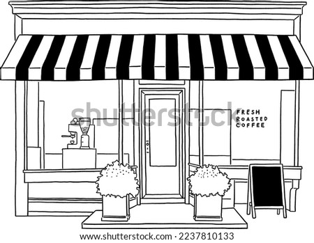 Cafe restaurant Front shop with table and seat Hand drawn line art illustration