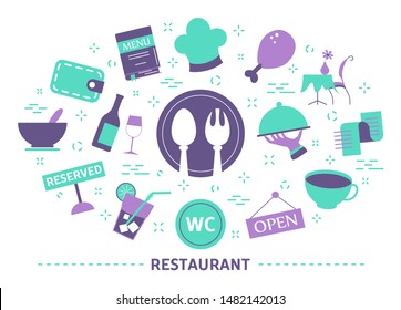 Cafe and restaurant icon set. Drink and food symbol for restaurant menu. Plate and mug sign. Isolated flat vector illustration