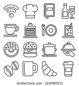 Cafe and Restaurant Icons Set on White Background. Line Style Vector