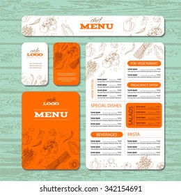 La plantilla de identidad del café o restaurante incluye menú de ejemplo, folleto, tarjetas y banner. Diseño de alimentos Ilustración vectorial. 