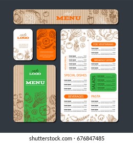 Cafe Or Restaurant Identity Template Includes Example Menu, Brochure, Cards And Banner. Food Design With Vegetables And Greens, Organic Food. Vector Illustration.