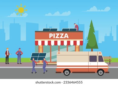 Cafe or restaurant installing solar panel 2d vector illustration concept for banner, website, illustration, landing page, flyer, etc