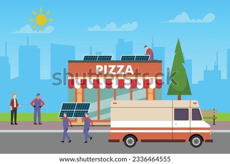 Cafe or restaurant installing solar panel 2d vector illustration concept for banner, website, illustration, landing page, flyer, etc