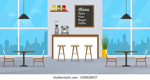 Cafe or restaurant interior design with bar counter, tables and chairs. Cafeteria inside with window and menu board. Vector illustration.