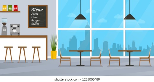 Cafe or restaurant interior design with coffee shop, bar counter and window. Vector illustration.
