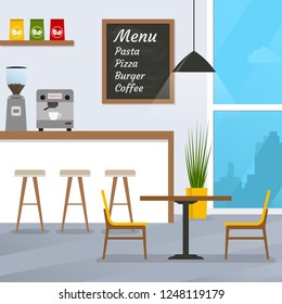 Cafe or restaurant interior design with coffee shop, bar counter and window. Vector illustration.