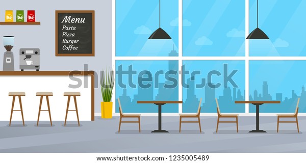 喫茶店 バーカウンター 窓とカフェやレストランのインテリアデザイン ベクターイラスト のベクター画像素材 ロイヤリティフリー
