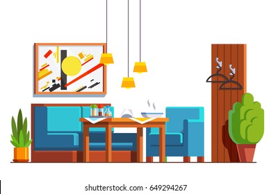 Cafe or restaurant interior design with table, couch, chair. Served food waiting for a customer. Eatery or bistro decoration and furniture. Flat style vector illustration isolated on white background.