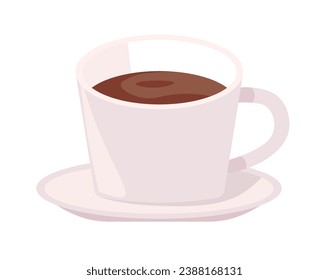 Cafe or restaurant latte coffee served in porcelain cup and saucer. Isolated tasty beverage with caffeine, delicious mix of espresso and steamed milk. Breakfast or lunch addition. Vector in flat style