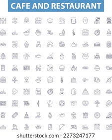 Cafe and restaurant line icons, signs set. cafe, restaurant, cuisine, menu, ingredients, recipes, preparation, presentation, plating outline vector illustrations.