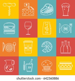 Cafe and restaurant lineart minimal vector iconset on multicolor checkered texture