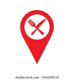 Cafe and restaurant location icon. Map pointer silhouette symbol. Fork and knife eatery sign inside pinpoint.