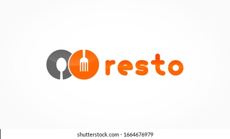 Cafe or Restaurant Logo. Spoon and Fork with Double Plates isolated on White Background.