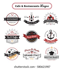 Cafe and restaurant logos vintage design with food and drinks cutlery and crockery isolated vector illustration