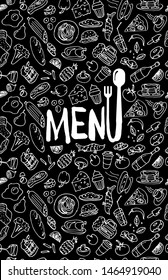 Cafe restaurant menu cover design template. Title page with hand drawn food doodle outline colored sketch black pattern. Vector cooking illustration