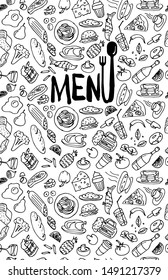 Cafe restaurant menu cover design template. Title page with hand drawn food doodle outline colored sketch pattern on white background. Vector cooking element illustration