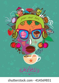Cafe or restaurant menu. Design cover menu. Element for eating and drinking forming a stylized face.