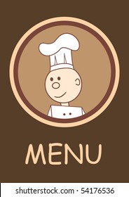 Cafe or restaurant menu with happy smiling chef, vector illustration