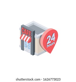 Cafe Restaurant Mode of operation 24 hours pin map label. Vector 3d isometric, color web icon, new flat style. Creative illustration design, idea for infographics.