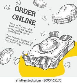 Cafe or restaurant offering online order and quick delivery, fast food diner or bistro with snacks and tasty food. Monochrome sketch outline advertisement poster or banner with text. Vector in flat