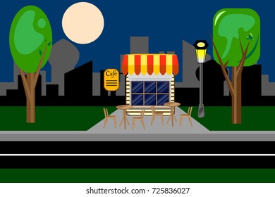 Cafe, restaurant, quickly. Evening in the park .Vector illustration.