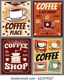 Cafe and restaurant retro posters vector templates with coffee stain
