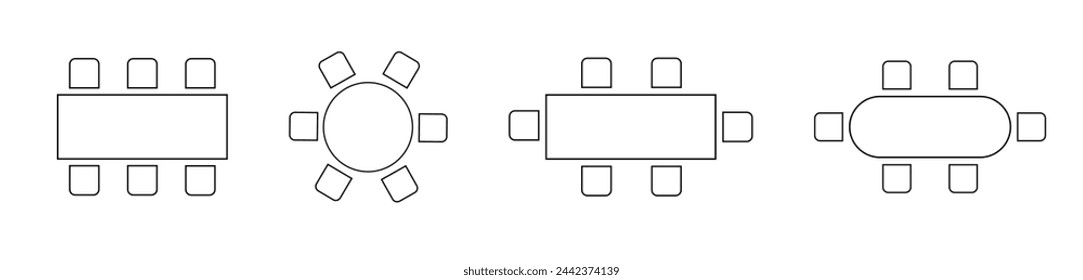 Plan de organización de asientos de cafetería o restaurante. Iconos de mesa y sillas aislados sobre fondo blanco. Vista superior del esquema de asientos de capacitación para trabajo, reunión o negocios. Ilustración gráfica vectorial.