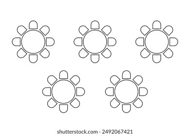 Cafe or restaurant seats arrangement plan. Tables and chairs icons isolated on white background. Banquet or wedding party seatings scheme top view. Vector graphic illustration.