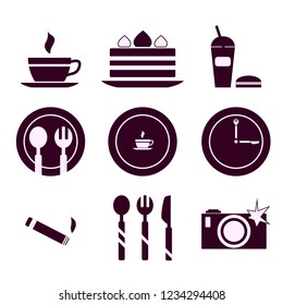 Cafe and restaurant: set of 9 color icons for decoration and design. Coffee, cake, drink, Burger, plate, fork, spoon, knife, camera, cigarette