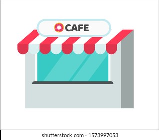 Cafe or restaurant shop building vector illustration, flat cartoon store or market boutique front view isolated on white  