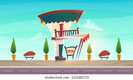 cafe restaurant or shop cartoon style medieval roof tavern with white red stripes canopy . sign board open at street . happy bright colours vector illustration