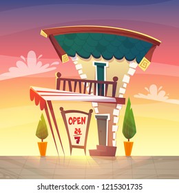 cafe restaurant or shop cartoon style medieval roof tavern with white red stripes canopy . sign board open at street . sunset happy bright colours vector illustration
