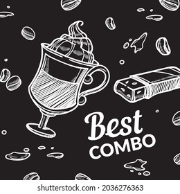Cafe or restaurant special meal, promotional banner advertisement of coffee with mousse and cookie. Roasted beans for making espresso or latte. Monochrome sketch outline, vector in flat style