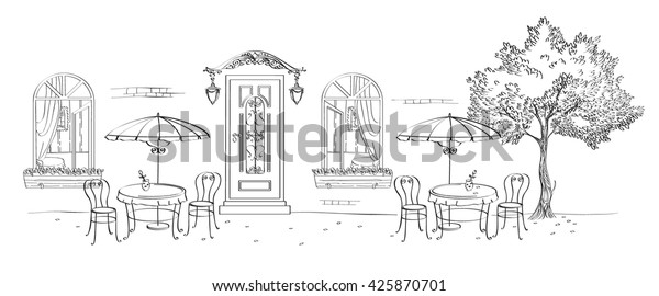 Cafe Restaurant Street Cafe Umbrellas Door Stock Vector