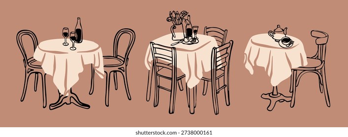 Cafe, Restaurant tables, chairs set. Table with tablecloth, wine bottle, glasses, flowers, teapot, cup. Romantic date, lunch, dinner concept. Hand drawn Vector illustration. Isolated design elements