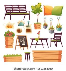 Cafe Or Restaurant Terrace With Wooden Bar Counter, Seats, Flowers And Plants. Vector Cartoon Set Of Furniture For Outdoor Cafeteria, Chair, Bench, Table, Tea Pot And Cup Isolated On White Background