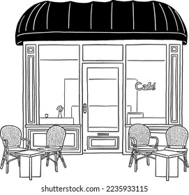 Cafe restaurant in town Front shop with table and seat Hand drawn line art illustration