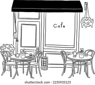 Cafe restaurant in town Front shop with table and seat Hand drawn line art illustration