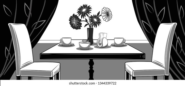 

Cafe or restaurant.
Two armchairs,table with cups of coffee, sugar bowl,napkin holder and a vase with a bouquet of flowers against the window with curtains.Interior sketch. Vector illustration.
