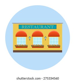 Cafe or restaurant vector illustration. Flat building for food, coffee business. Architecture facade for urban European town street, cityscape. House in green, blue, yellow, red colors.